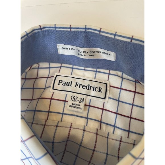 Paul Fredrick Dress Shirt Mens 15 1/2 -  34 trim fit Square Plaid White Blue - Picture 6 of 7